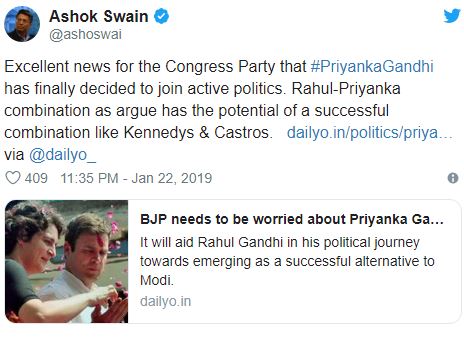 Ashok Swain tweet on Priyanka Gandhi